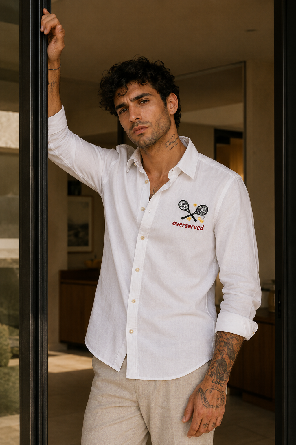 MerinoWear Riviera Sport Luxe “Overserved” Embroidered White Shirt