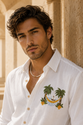 MerinoWear Riviera Tropical Escape Embroidered White Shirt