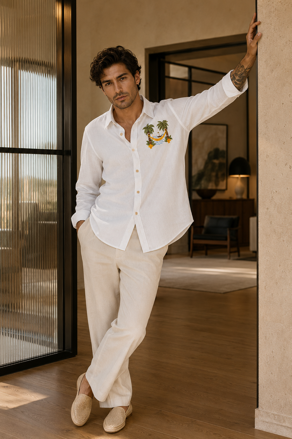 MerinoWear Riviera Tropical Escape Embroidered White Shirt