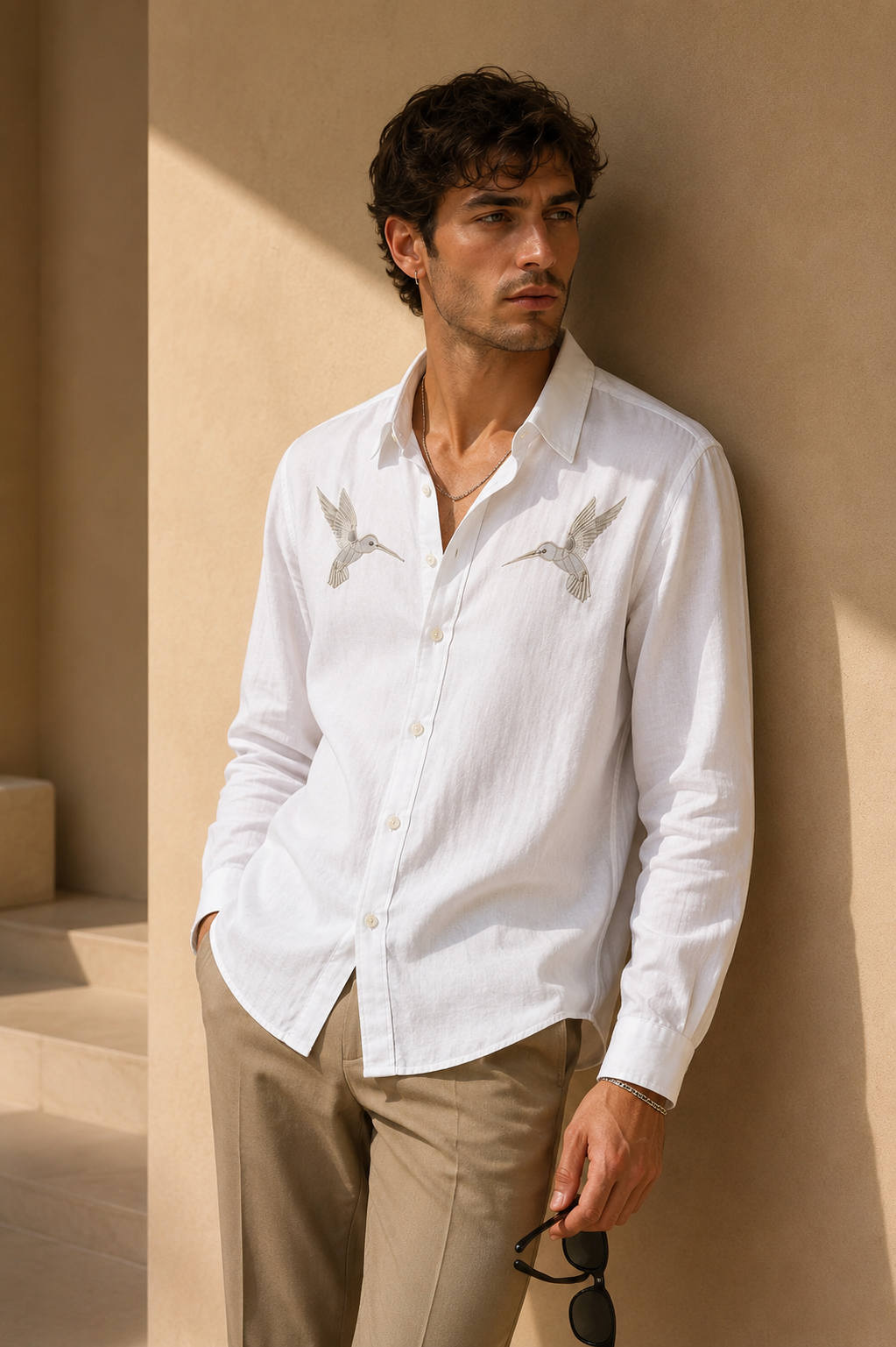 MerinoWear Riviera Twin Hummingbird Embroidered White Shirt