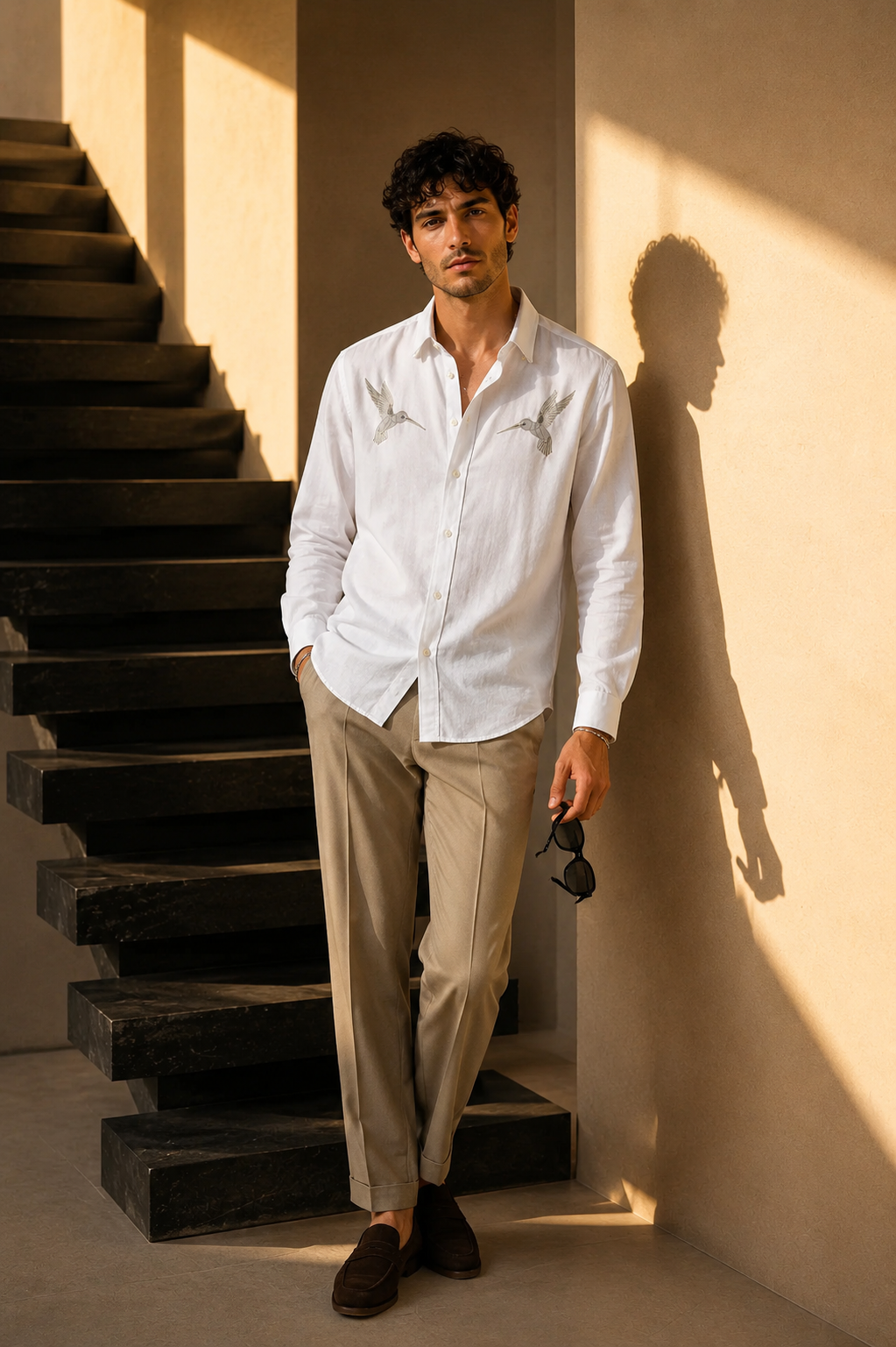 MerinoWear Riviera Twin Hummingbird Embroidered White Shirt