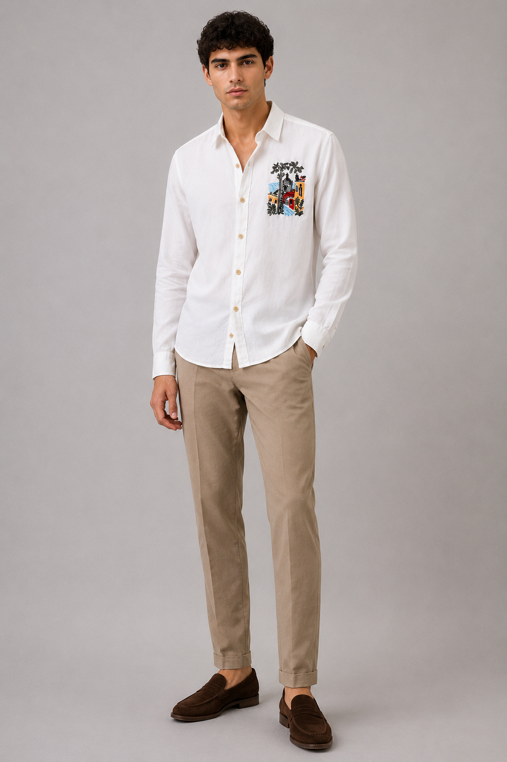 MerinoWear Riviera Artscape Embroidered White Shirt