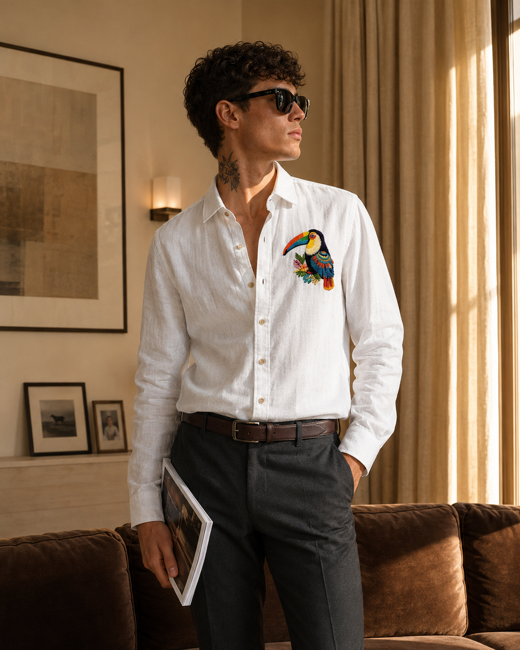 MerinoWear Tropical Toucan White Linen Shirt