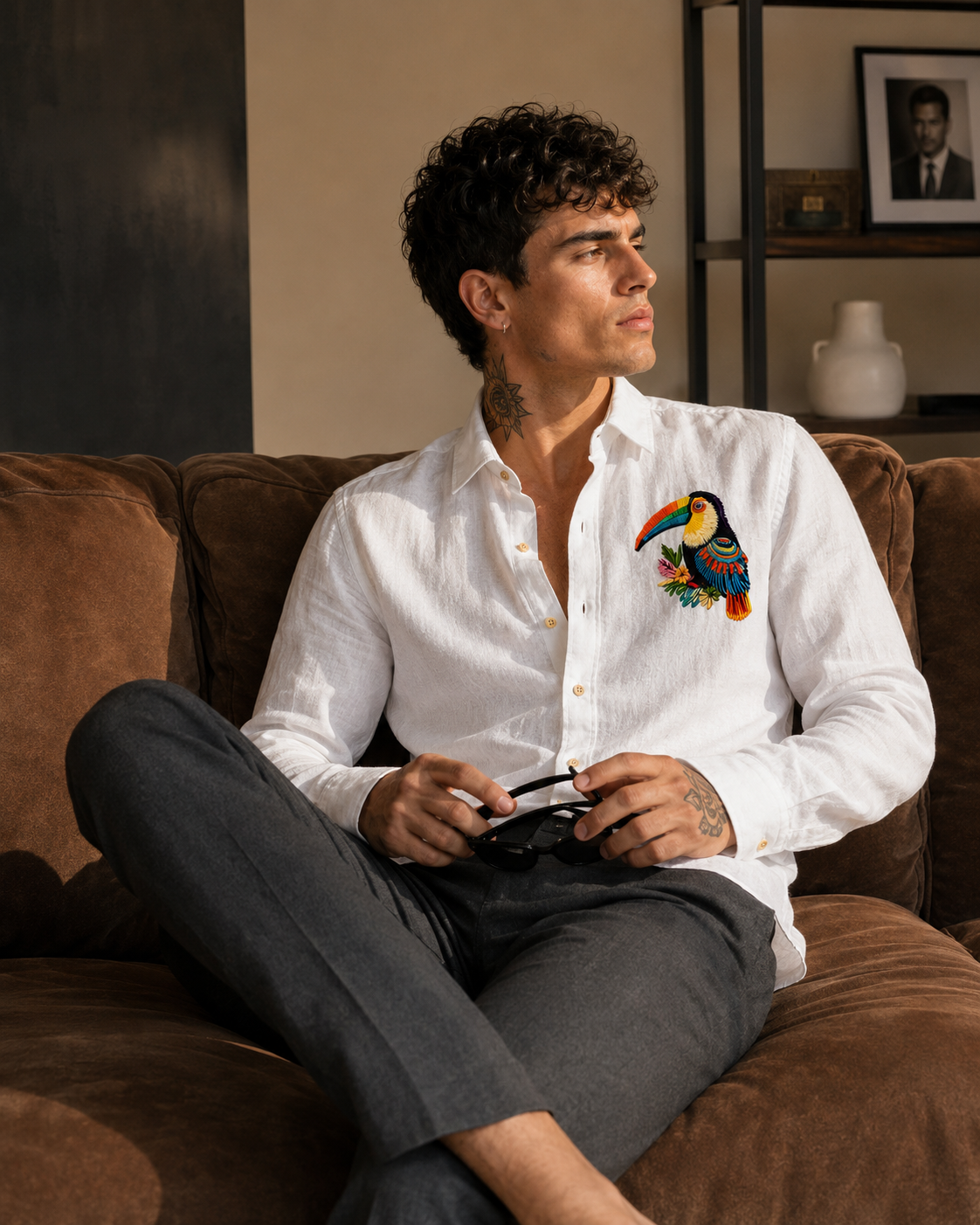 MerinoWear Tropical Toucan White Linen Shirt
