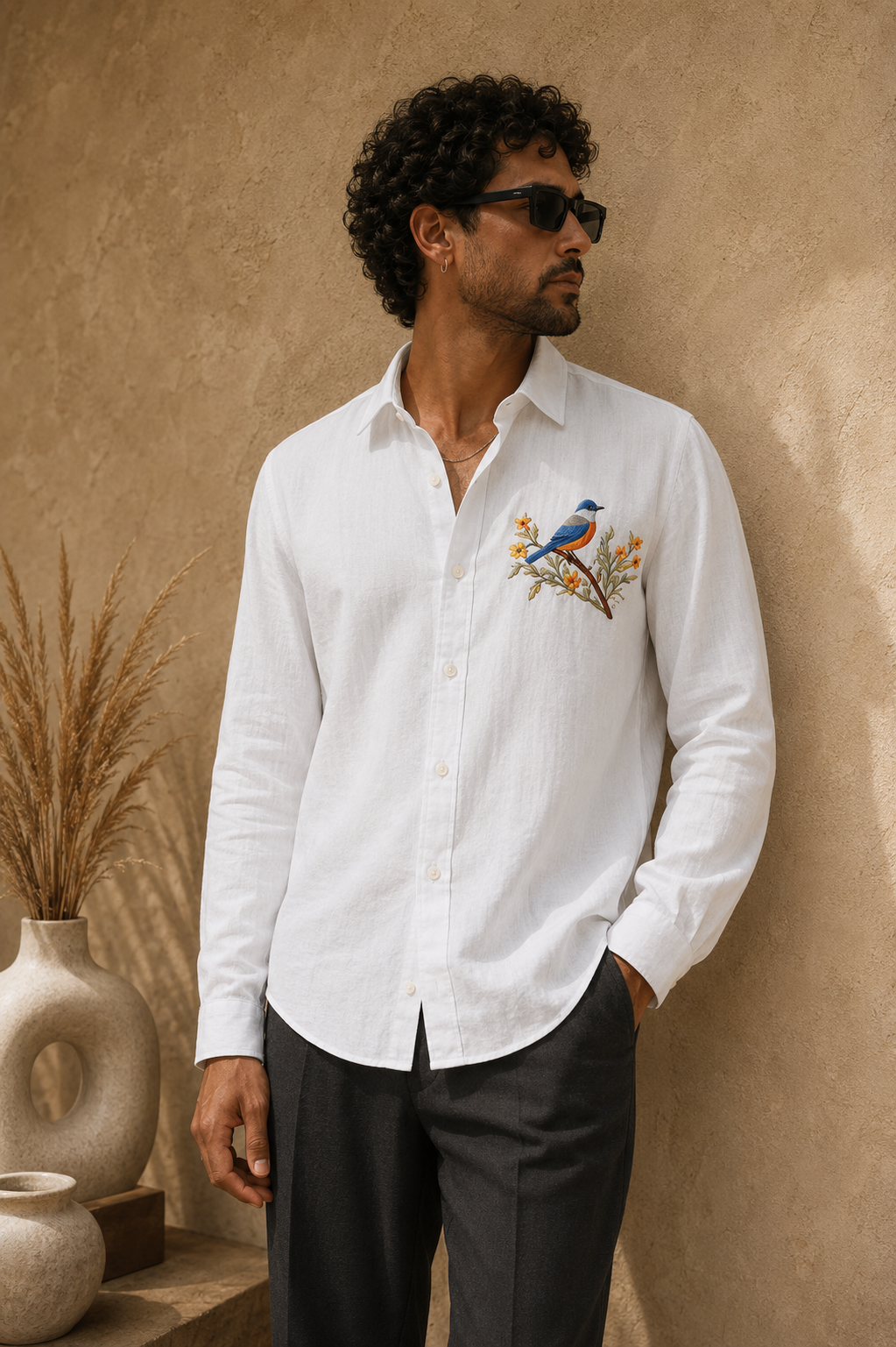 MerinoWear Blossom Bird White Linen Shirt