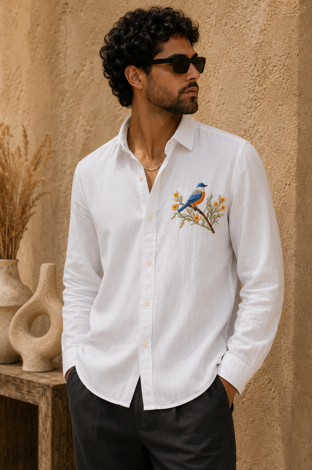 MerinoWear Blossom Bird White Linen Shirt