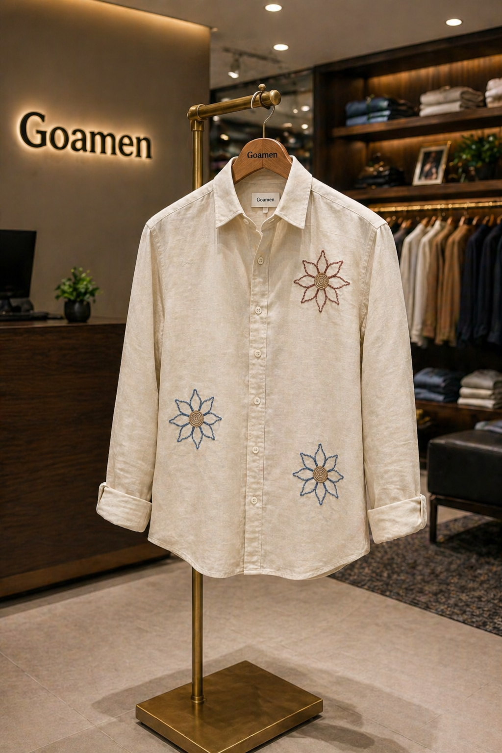 MerinoWear Premium Beige Floral Embroidered Linen Shirt