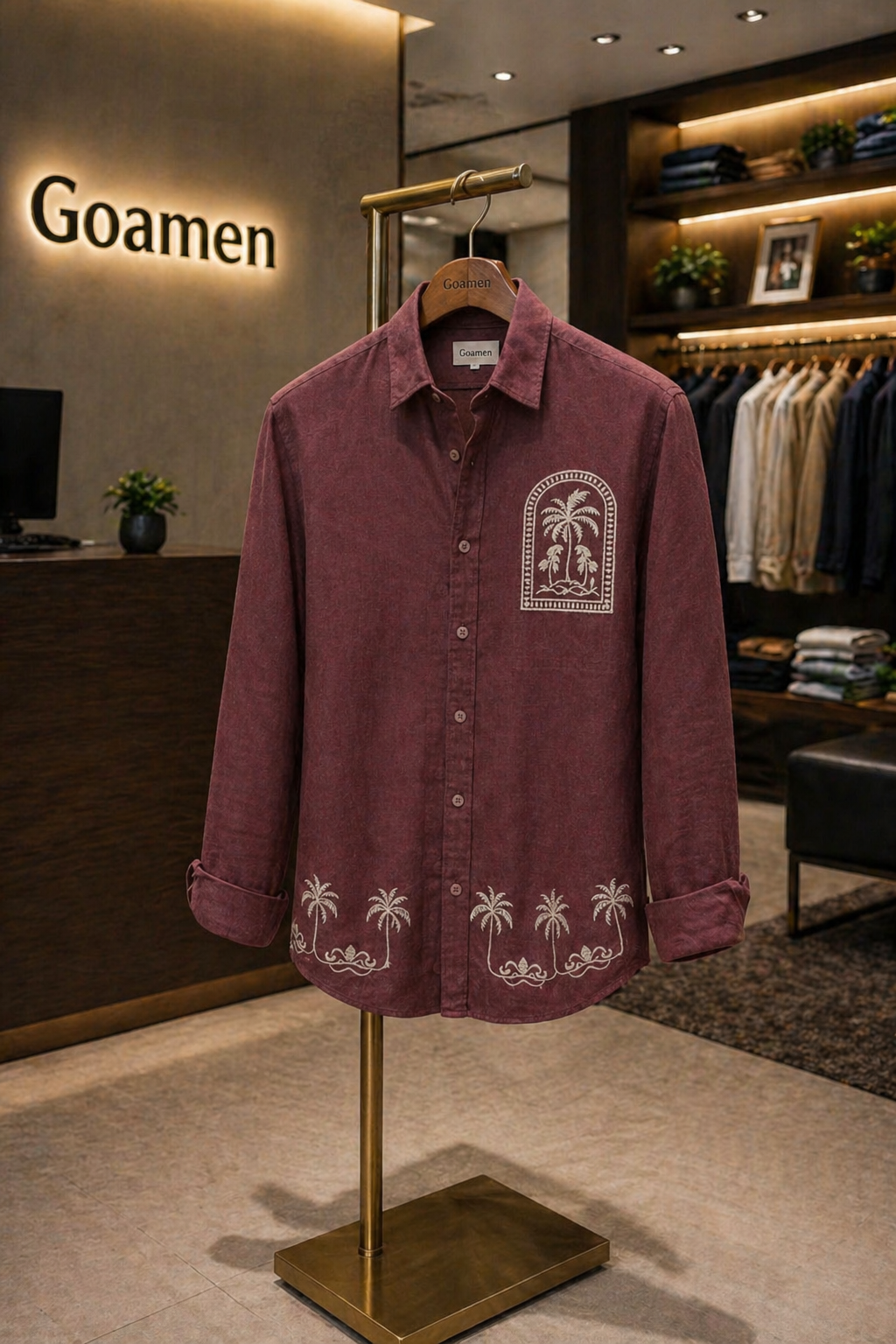 MerinoWear Premium Maroon Palm Tree Embroidered Linen Shirt