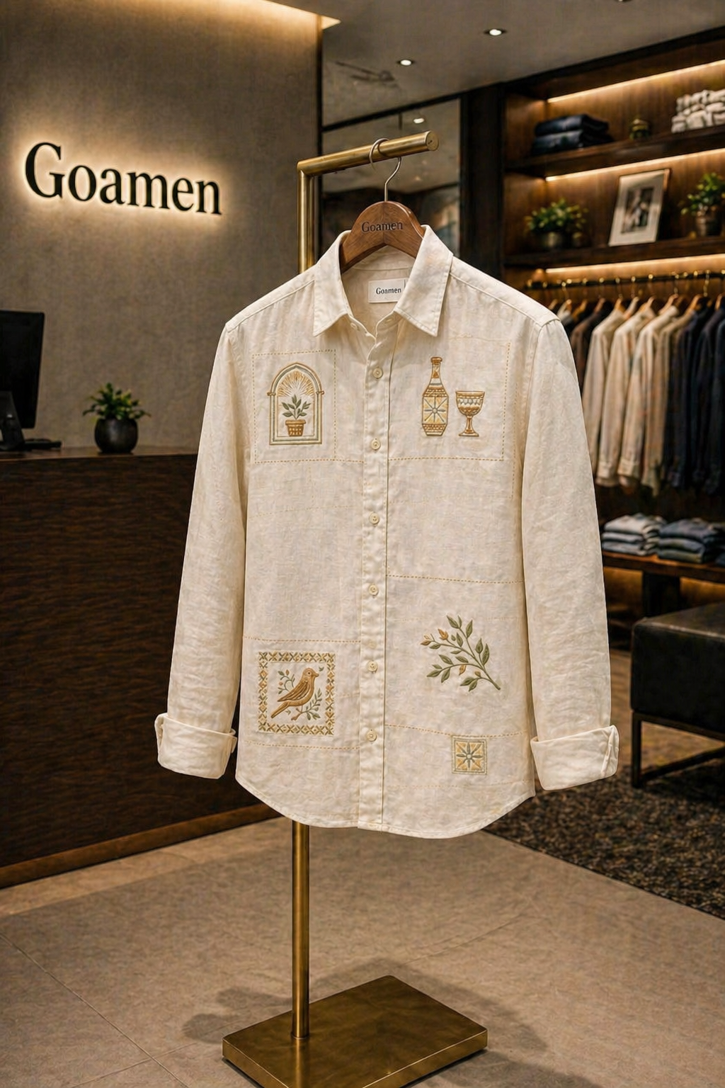 MerinoWear Heritage Beige Artistic Patch Embroidered Linen Shirt