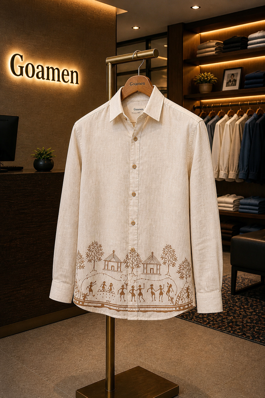 MerinoWear Heritage Beige Warli Art Printed Linen Shirt