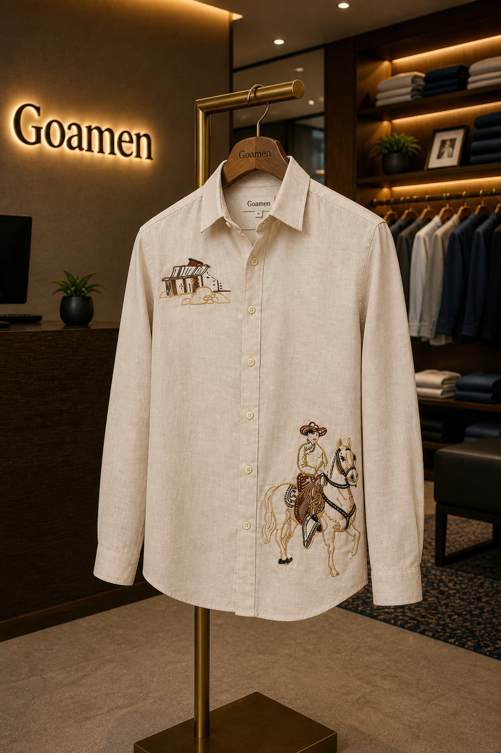 MerinoWear Heritage Beige Horse Rider Embroidered Linen Shirt