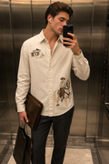 MerinoWear Heritage Beige Horse Rider Embroidered Linen Shirt