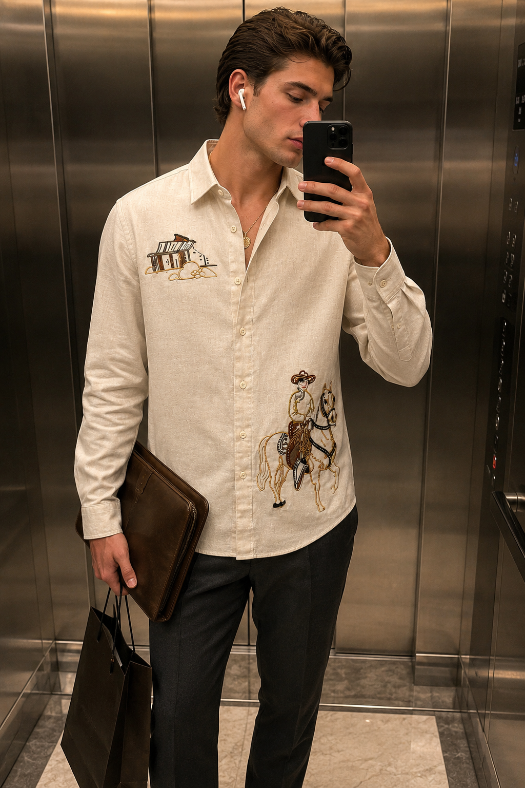 MerinoWear Heritage Beige Horse Rider Embroidered Linen Shirt