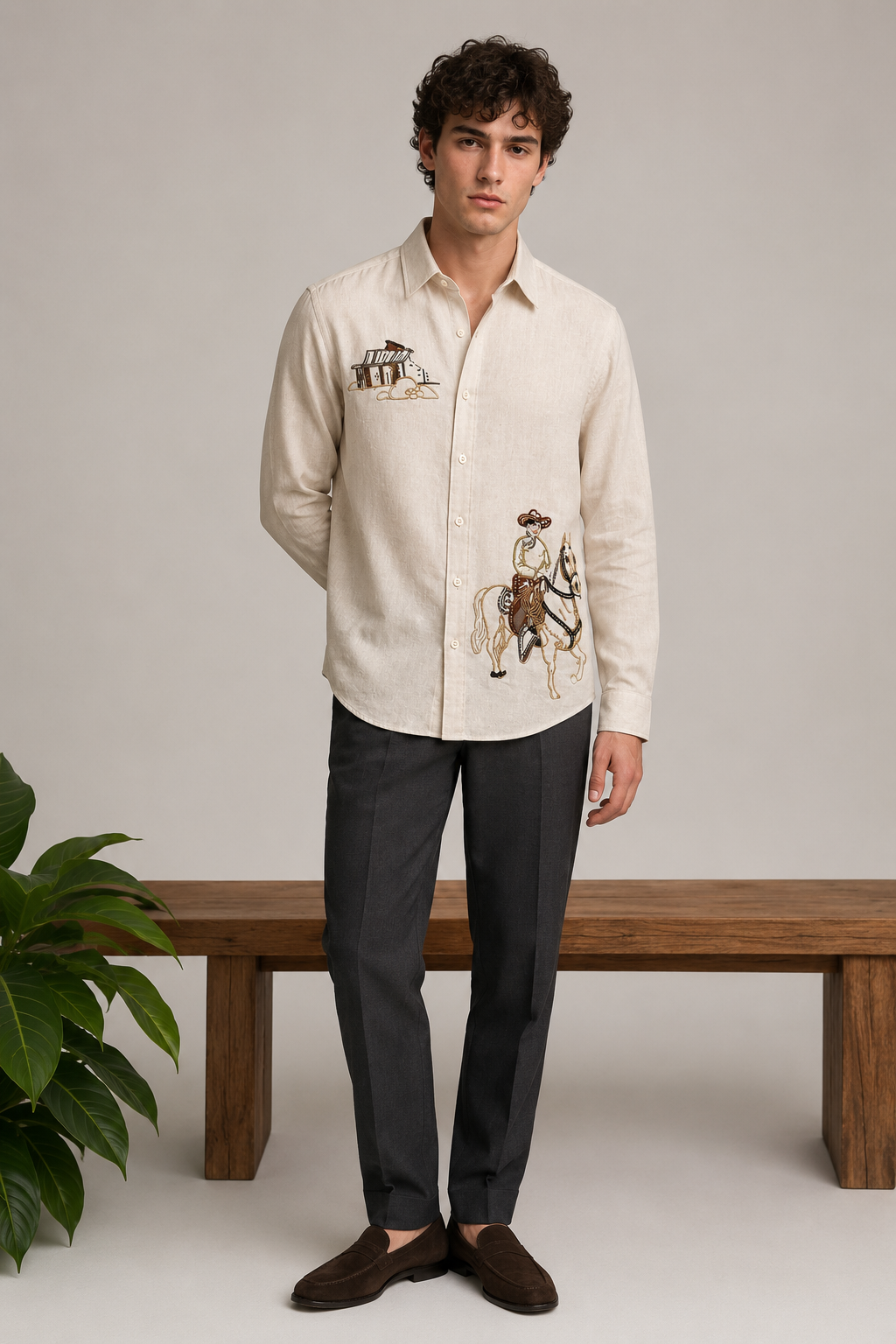 MerinoWear Heritage Beige Horse Rider Embroidered Linen Shirt