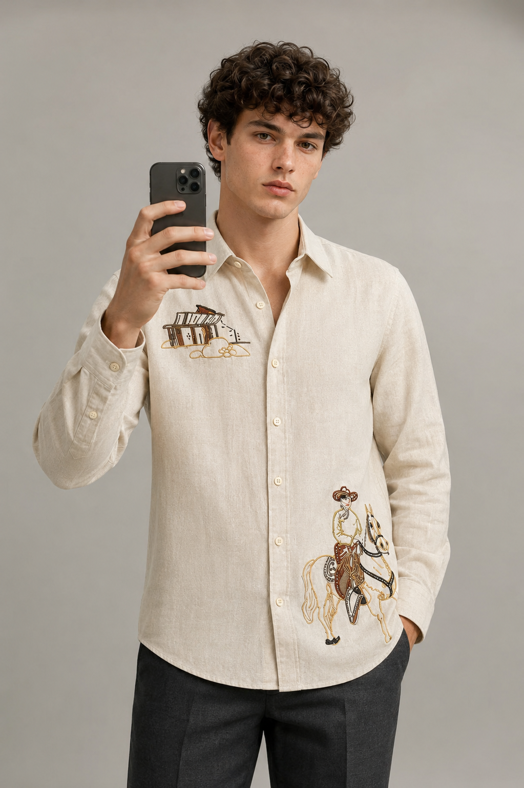 MerinoWear Heritage Beige Horse Rider Embroidered Linen Shirt