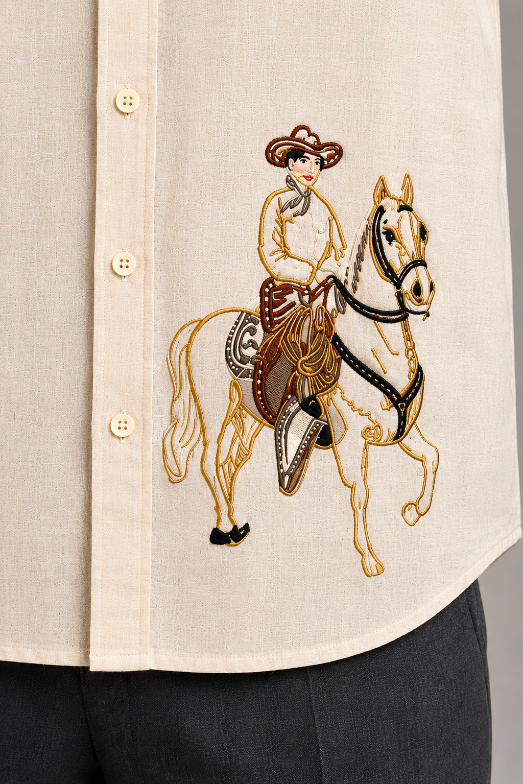 MerinoWear Heritage Beige Horse Rider Embroidered Linen Shirt