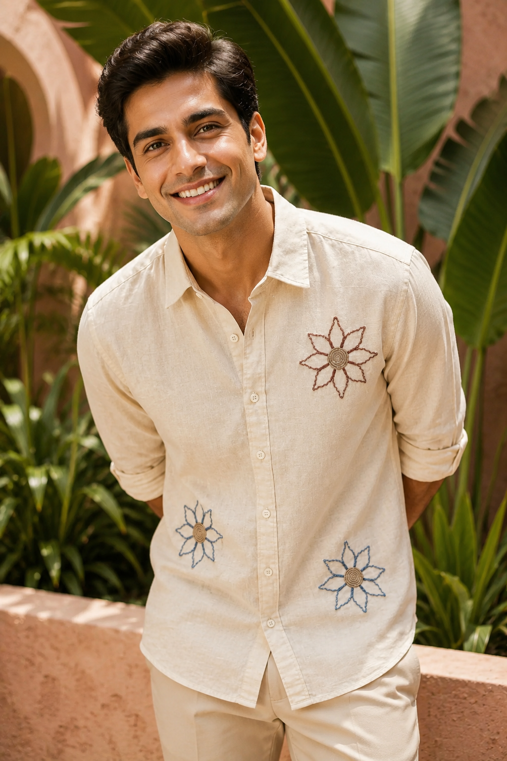 MerinoWear Premium Beige Floral Embroidered Linen Shirt