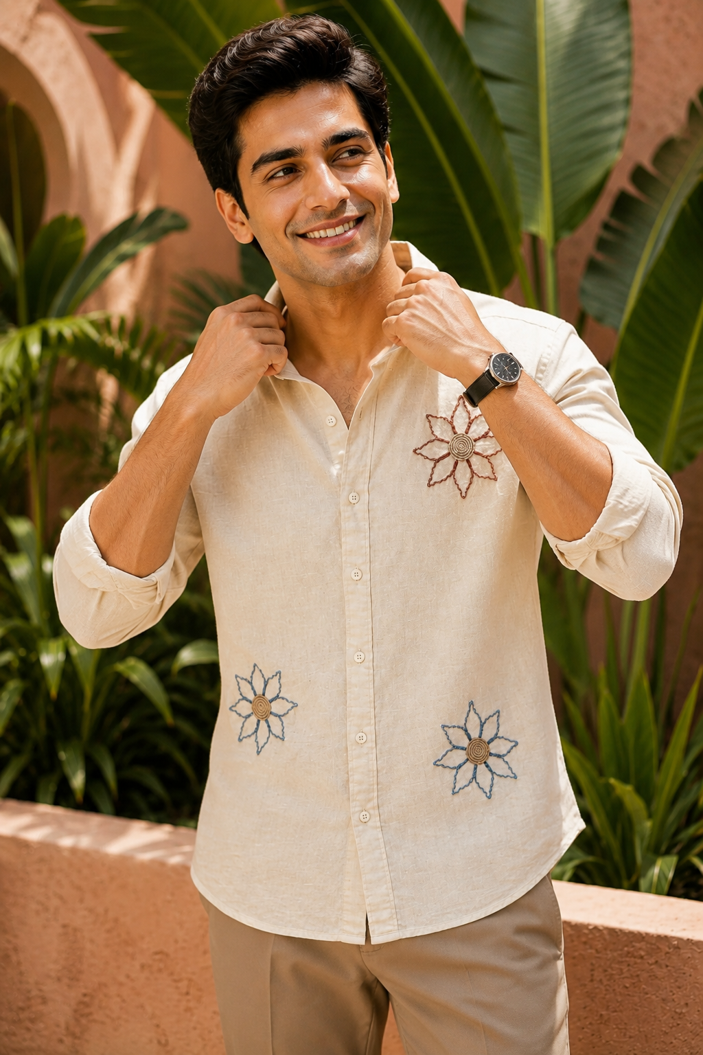 MerinoWear Premium Beige Floral Embroidered Linen Shirt
