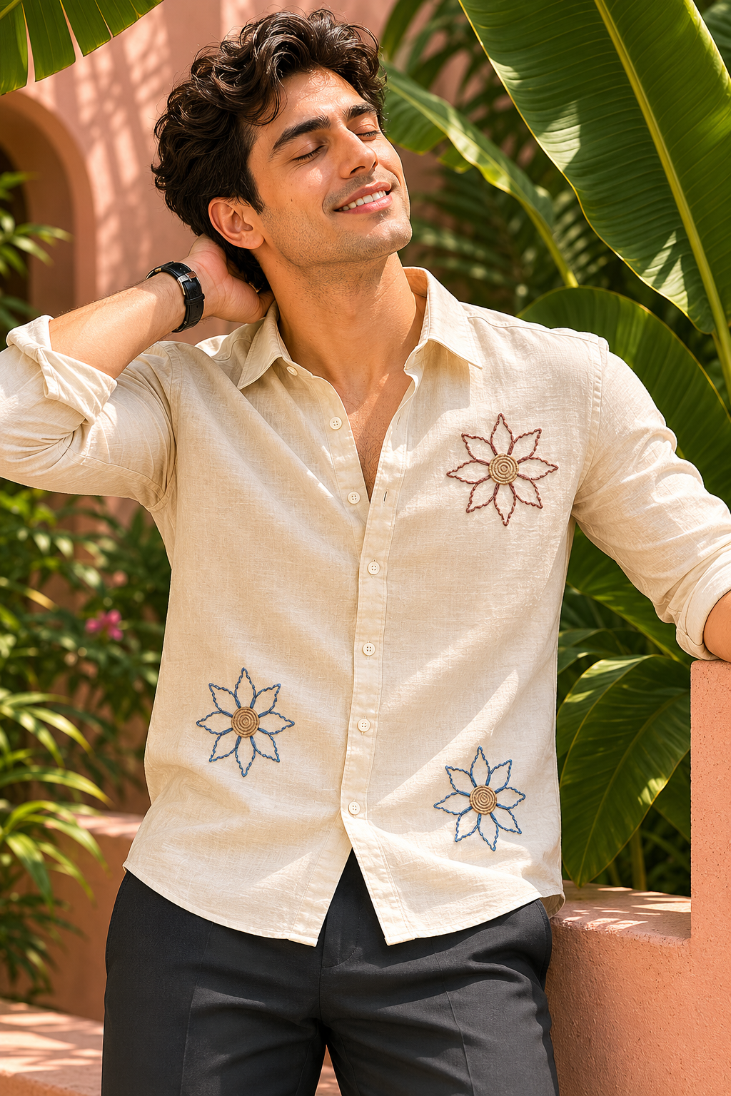 MerinoWear Premium Beige Floral Embroidered Linen Shirt
