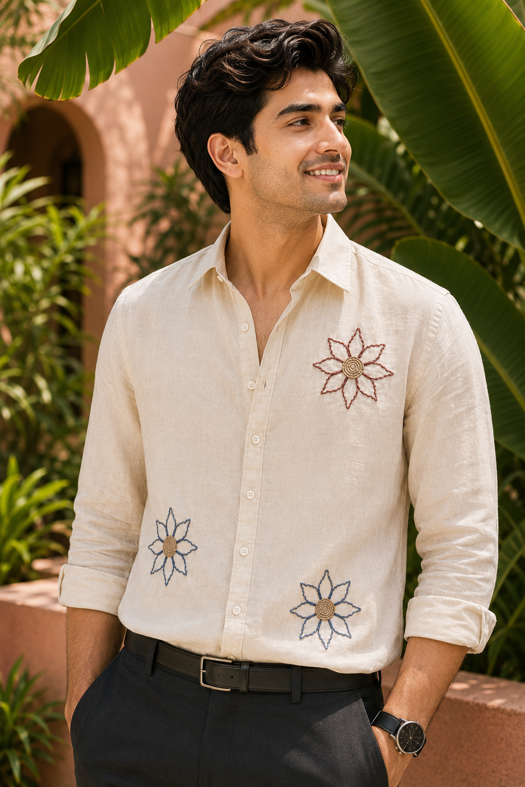 MerinoWear Premium Beige Floral Embroidered Linen Shirt