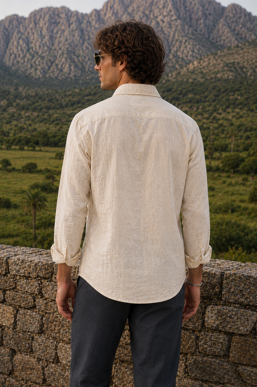 MerinoWear Heritage Beige Artistic Patch Embroidered Linen Shirt