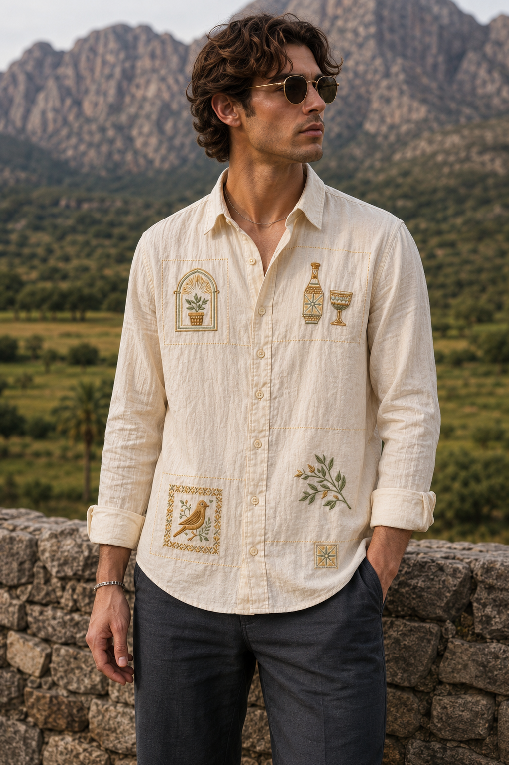MerinoWear Heritage Beige Artistic Patch Embroidered Linen Shirt