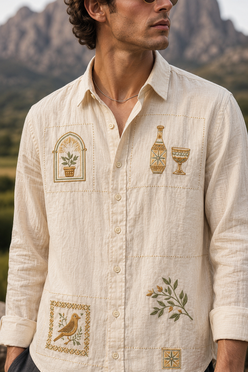 MerinoWear Heritage Beige Artistic Patch Embroidered Linen Shirt
