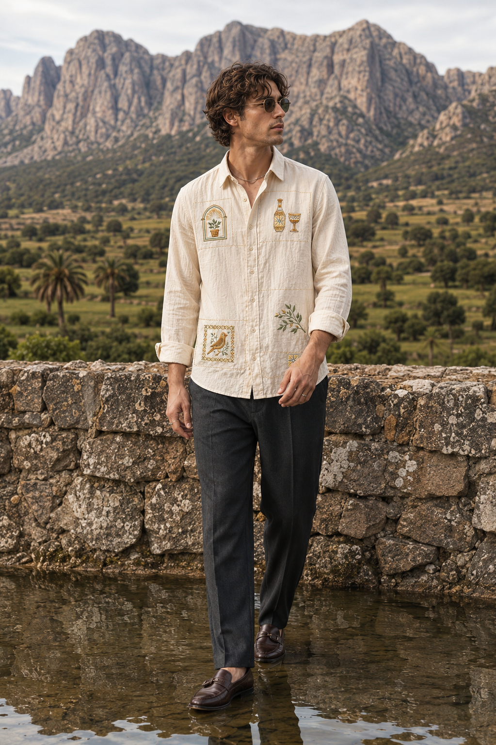 MerinoWear Heritage Beige Artistic Patch Embroidered Linen Shirt