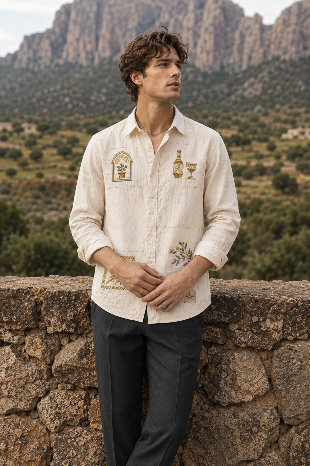MerinoWear Heritage Beige Artistic Patch Embroidered Linen Shirt