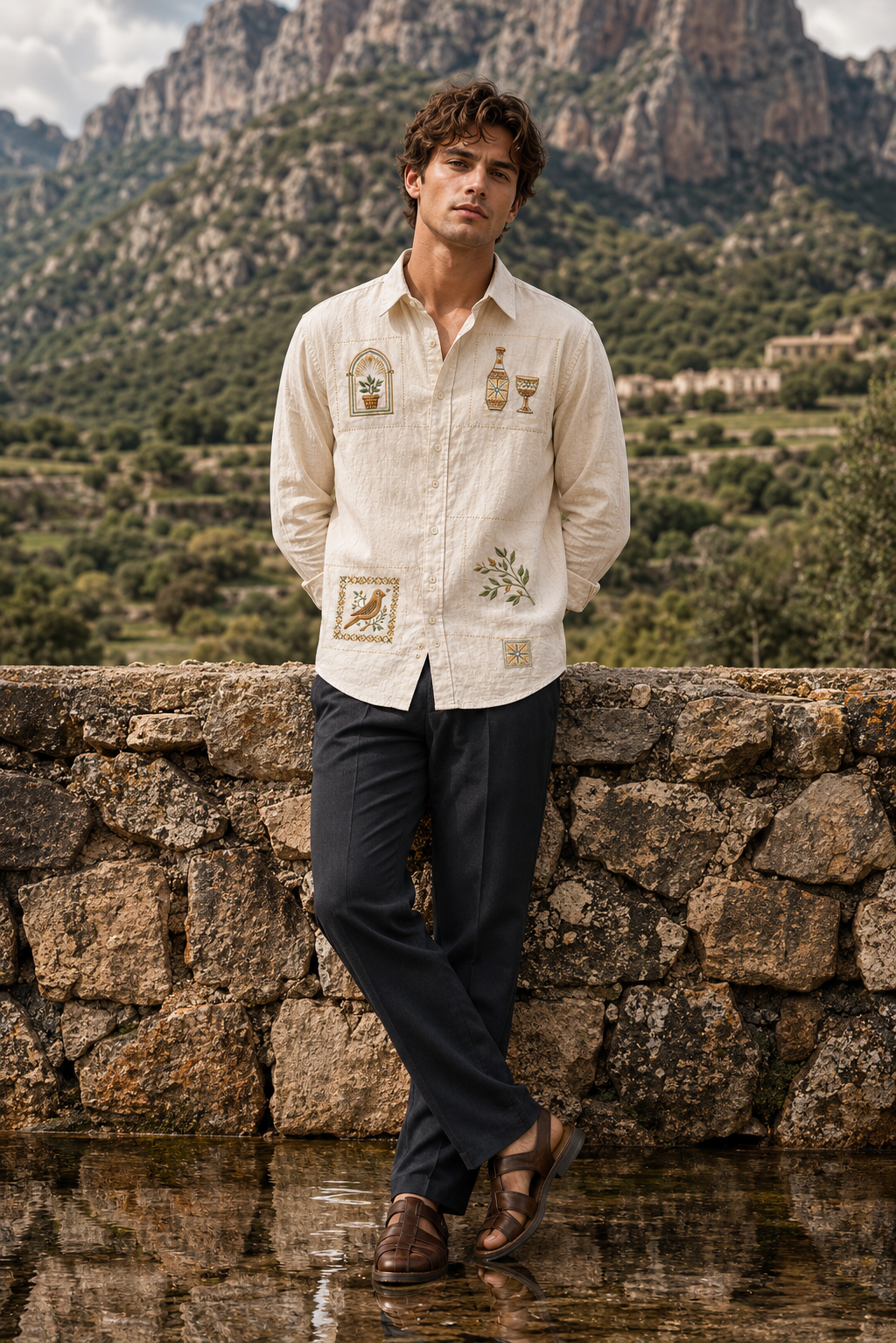 MerinoWear Heritage Beige Artistic Patch Embroidered Linen Shirt