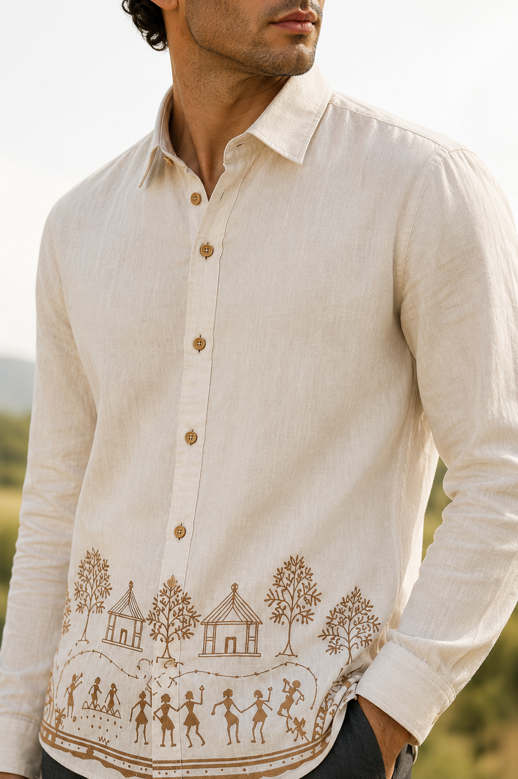 MerinoWear Heritage Beige Warli Art Printed Linen Shirt