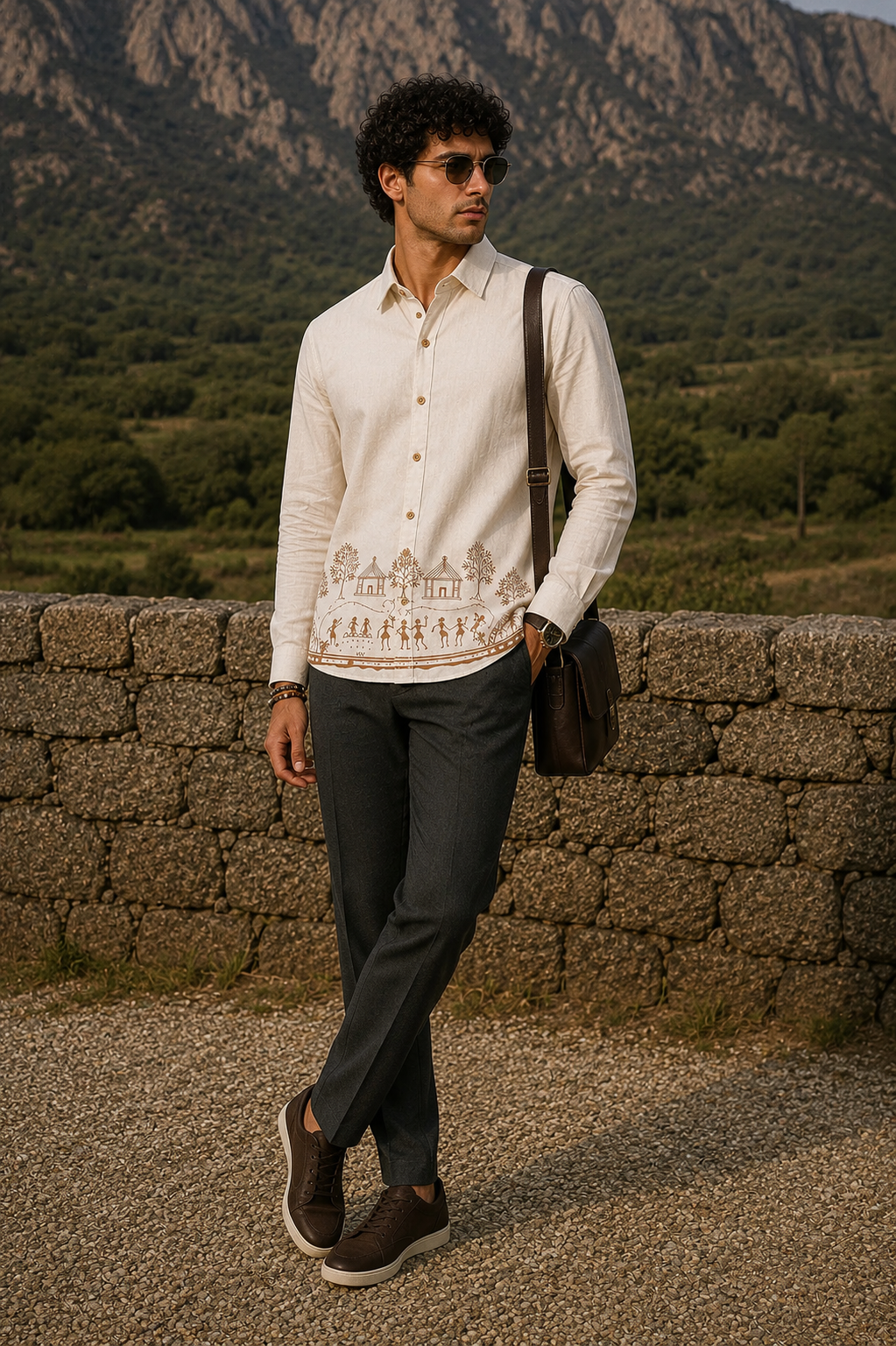 MerinoWear Heritage Beige Warli Art Printed Linen Shirt