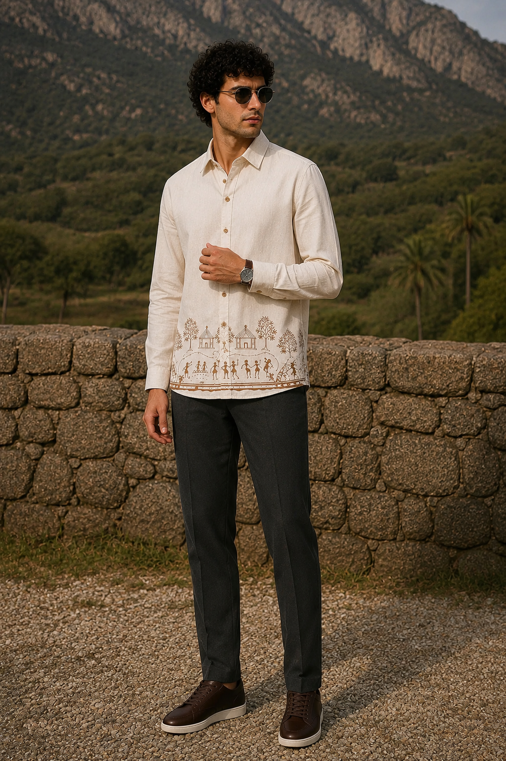 MerinoWear Heritage Beige Warli Art Printed Linen Shirt