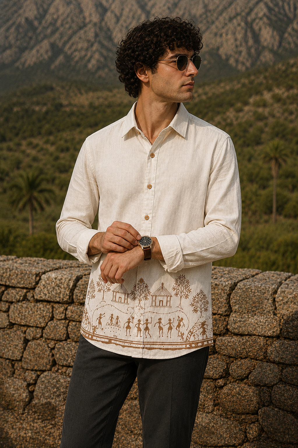 MerinoWear Heritage Beige Warli Art Printed Linen Shirt
