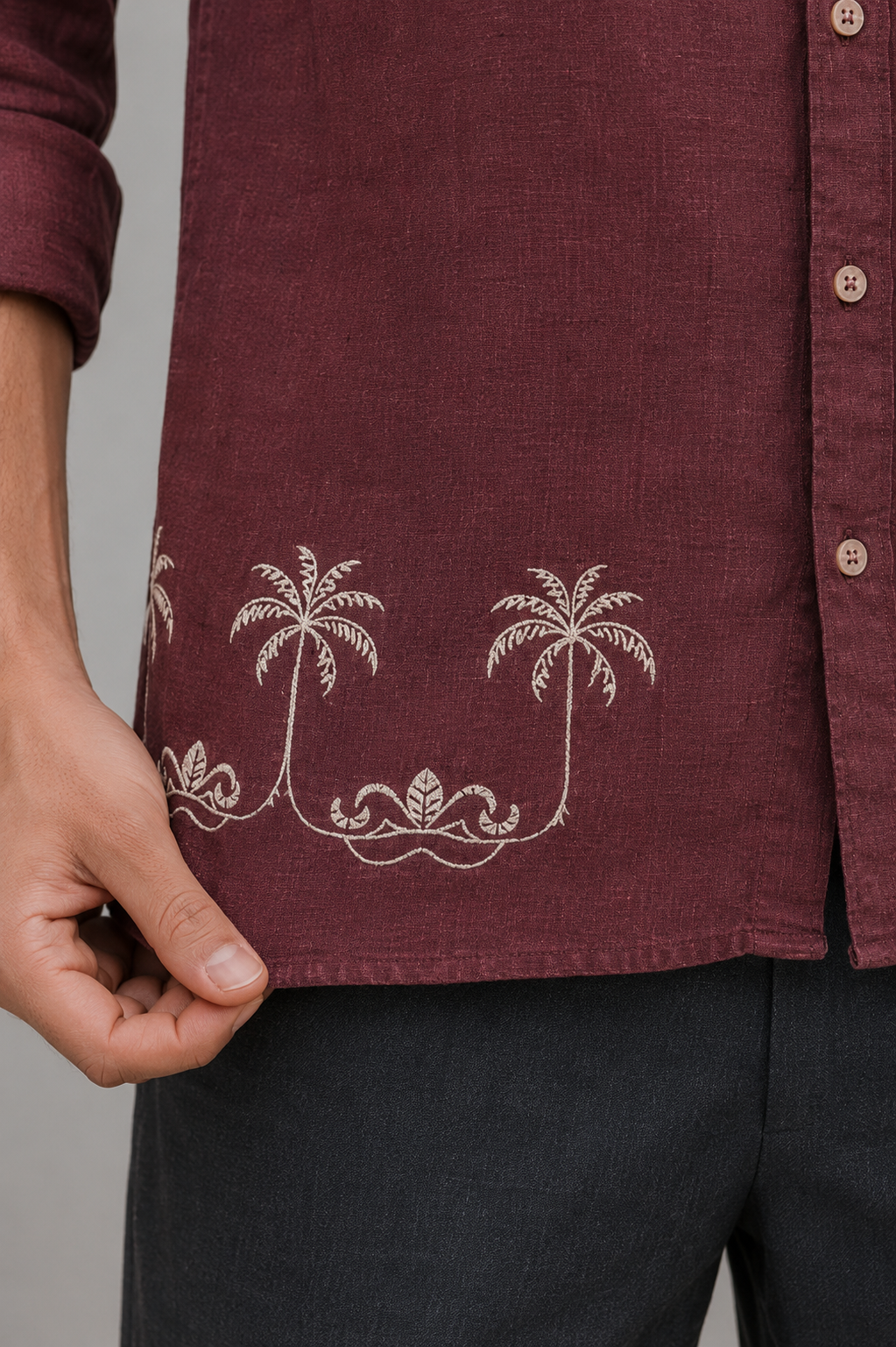 MerinoWear Premium Maroon Palm Tree Embroidered Linen Shirt