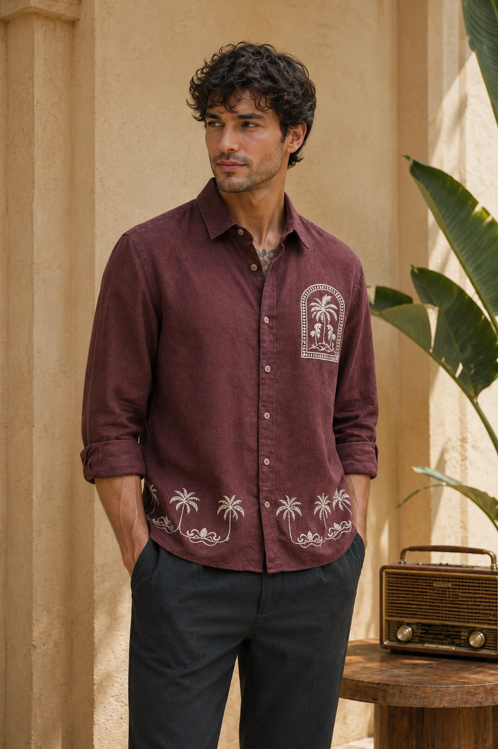 MerinoWear Premium Maroon Palm Tree Embroidered Linen Shirt
