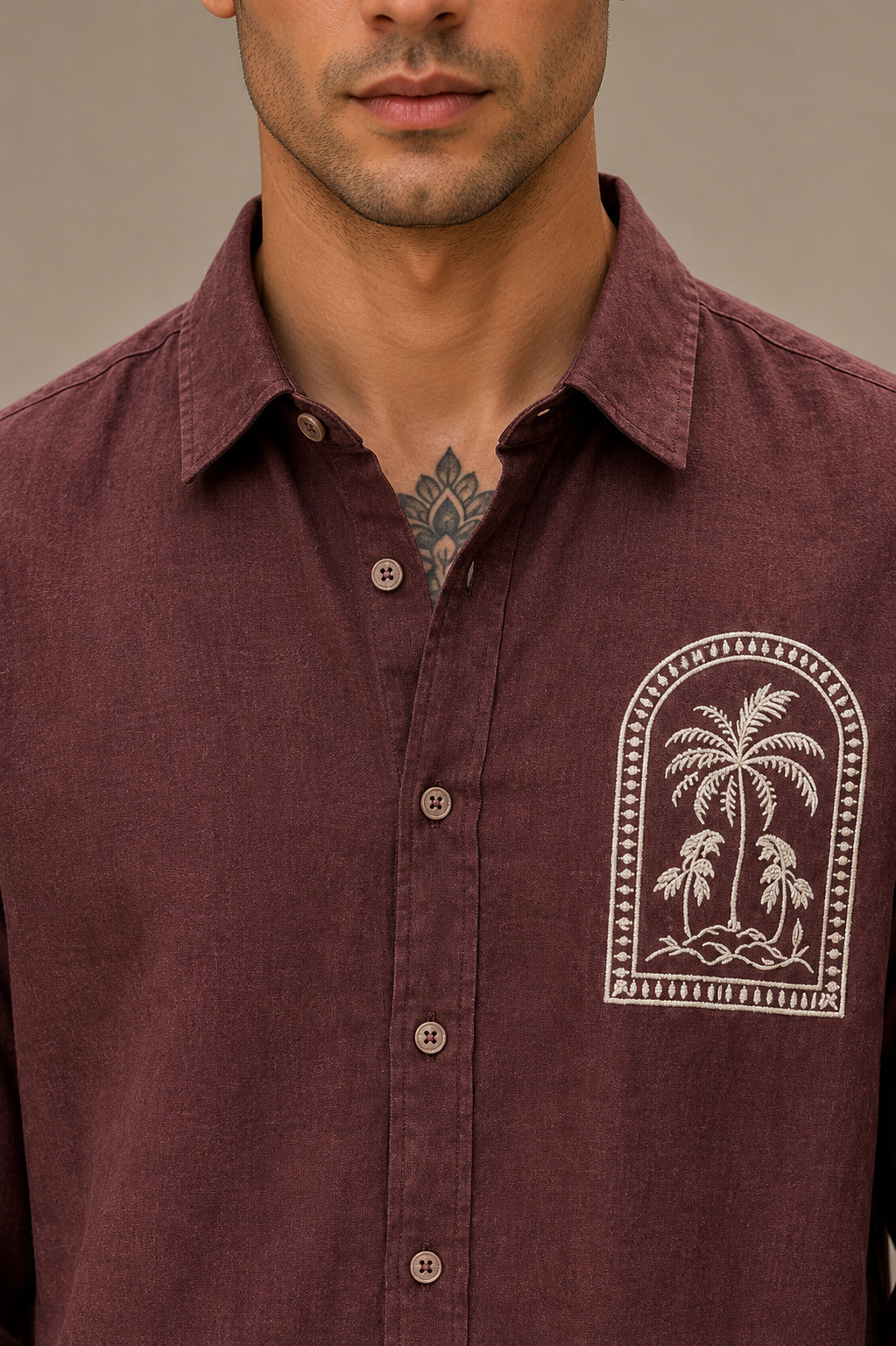 MerinoWear Premium Maroon Palm Tree Embroidered Linen Shirt