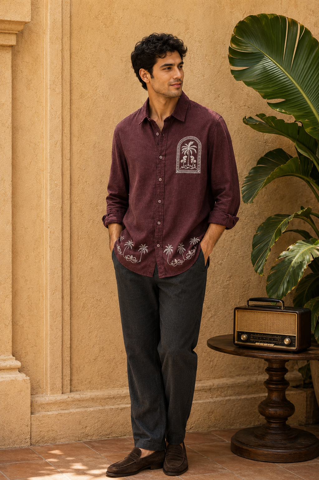 MerinoWear Premium Maroon Palm Tree Embroidered Linen Shirt