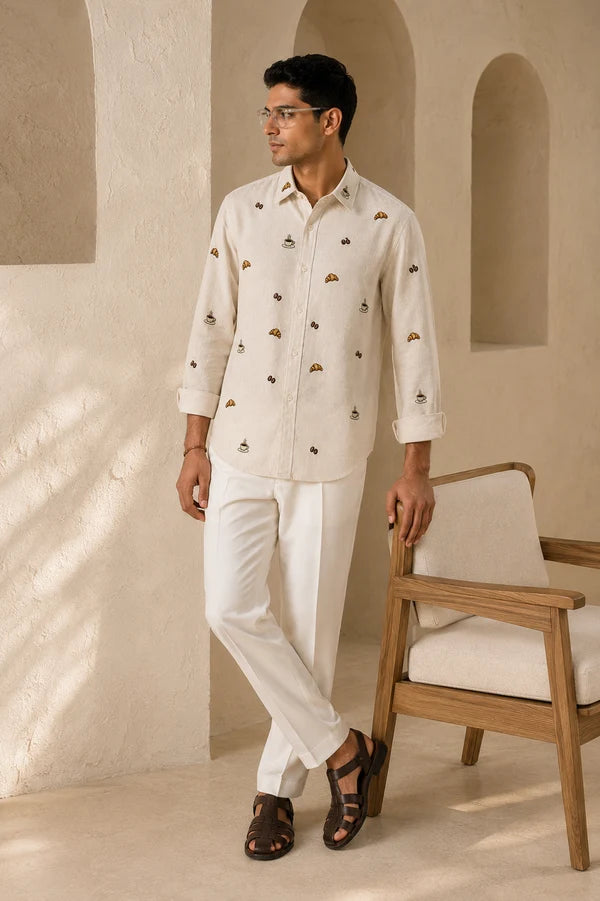 Men's Ivory Coffee & Croissant Motif Shirt