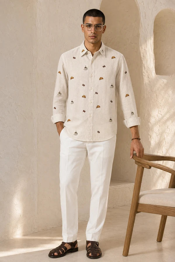 Men's Ivory Coffee & Croissant Motif Shirt