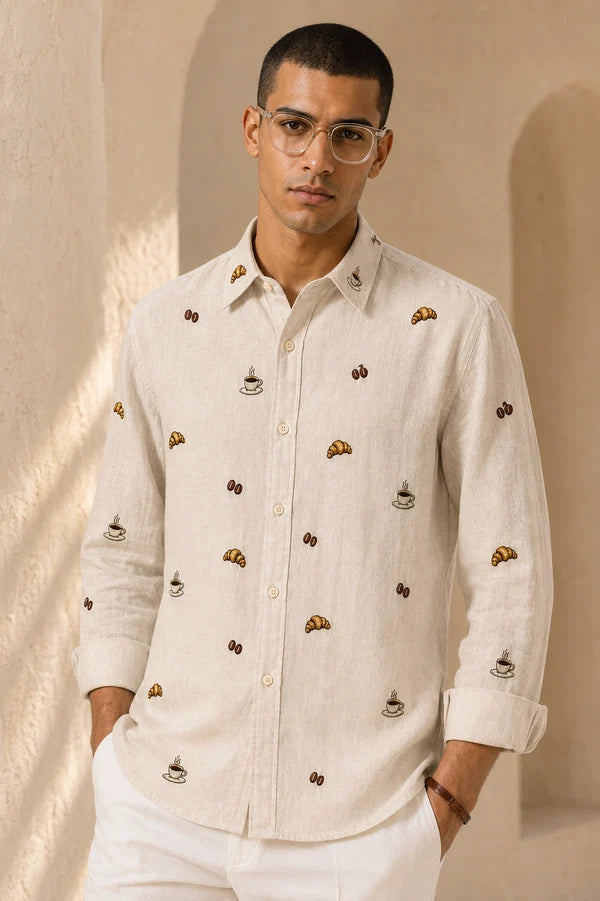 Men's Ivory Coffee & Croissant Motif Shirt