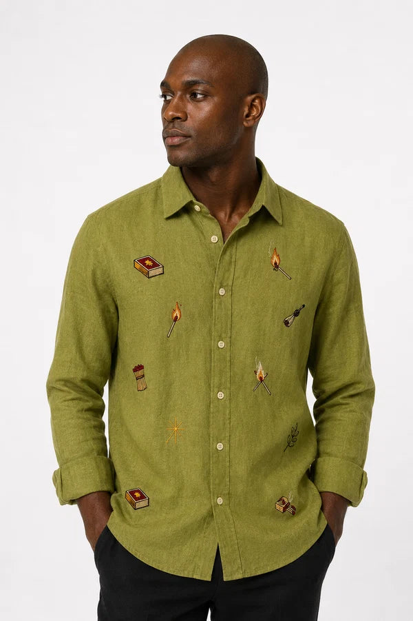 Men's Matchstick Motif Olive Green Shirt