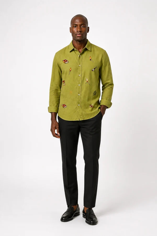 Men's Matchstick Motif Olive Green Shirt