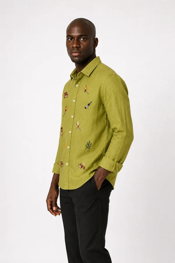 Men's Matchstick Motif Olive Green Shirt