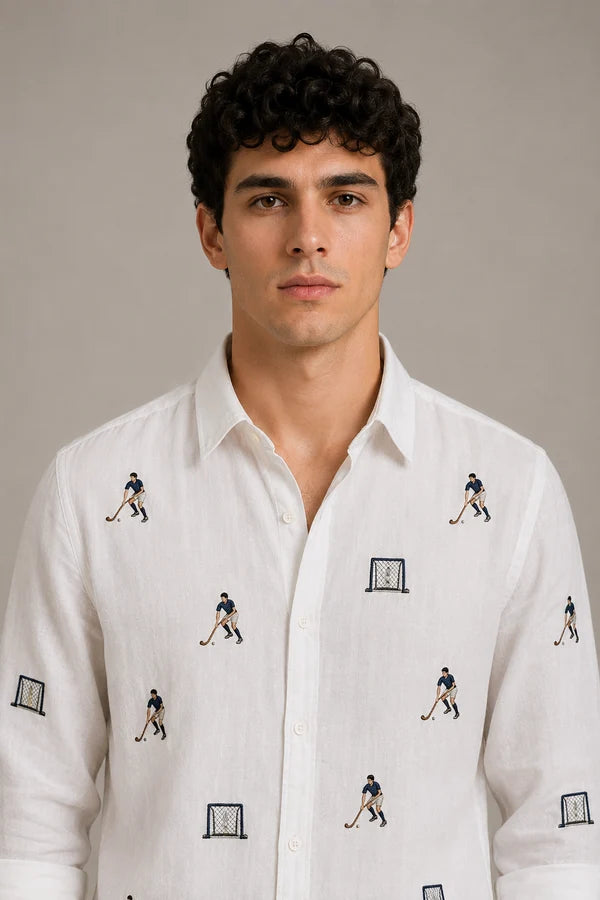 Men's White Hockey Motif Embroidered Shirt