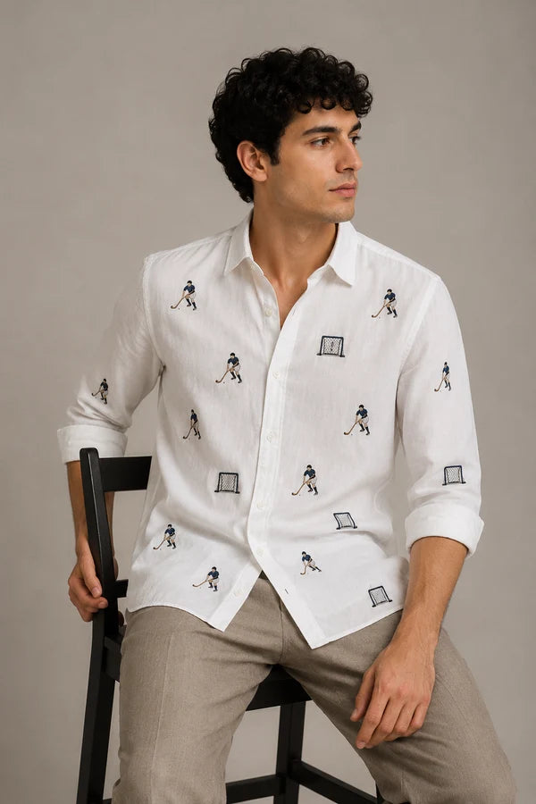 Men's White Hockey Motif Embroidered Shirt