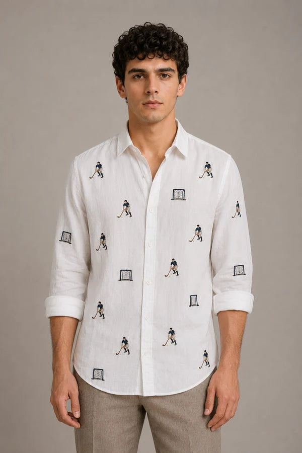 Men's White Hockey Motif Embroidered Shirt