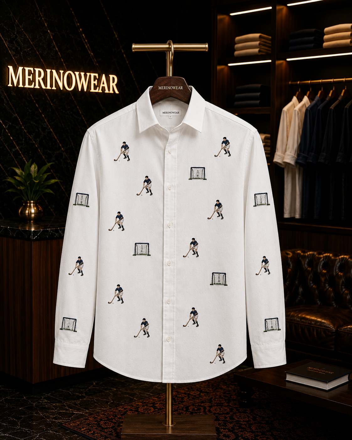 Men's White Hockey Motif Embroidered Shirt
