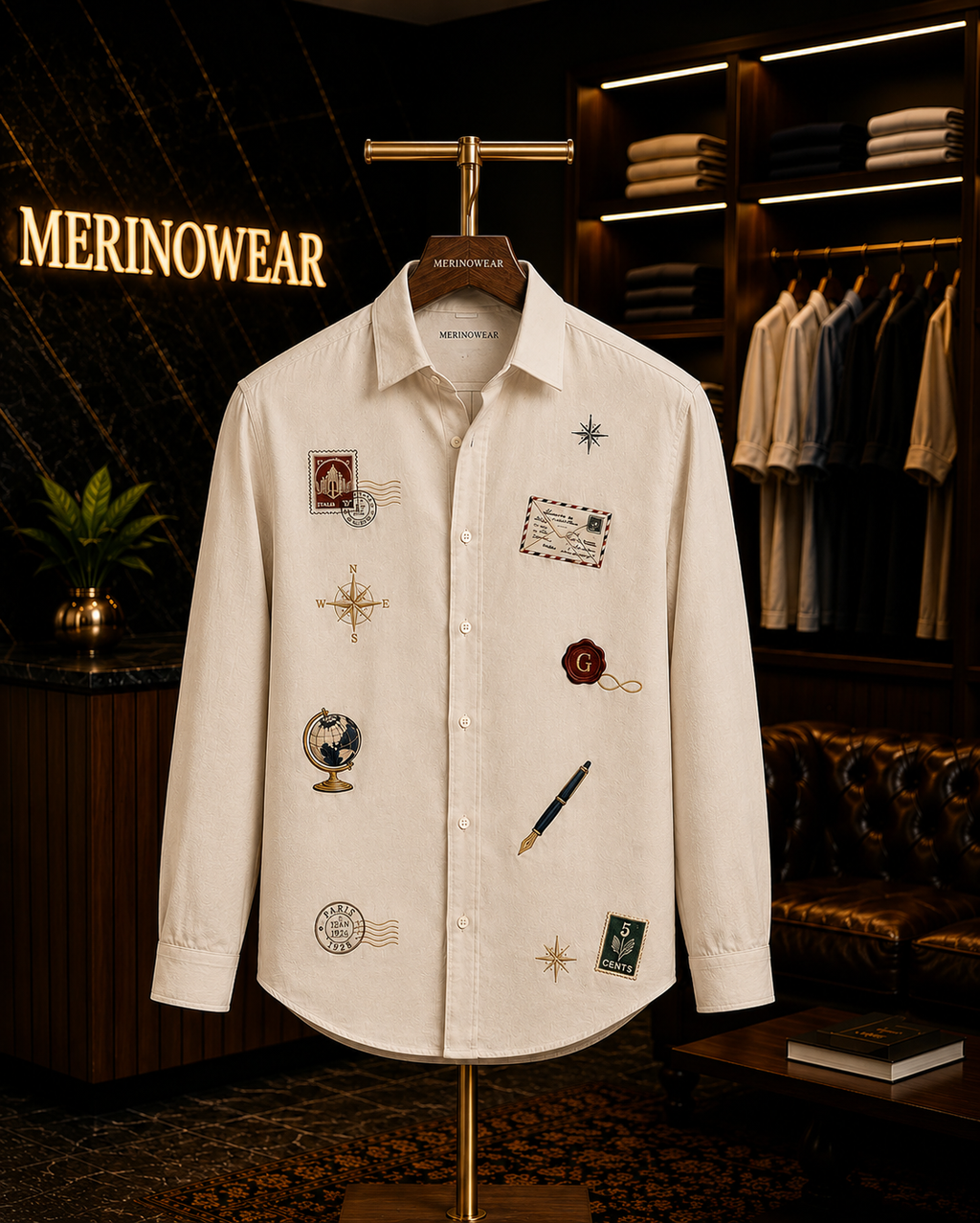 Men's Ivory Vintage Travel Motif Shirt