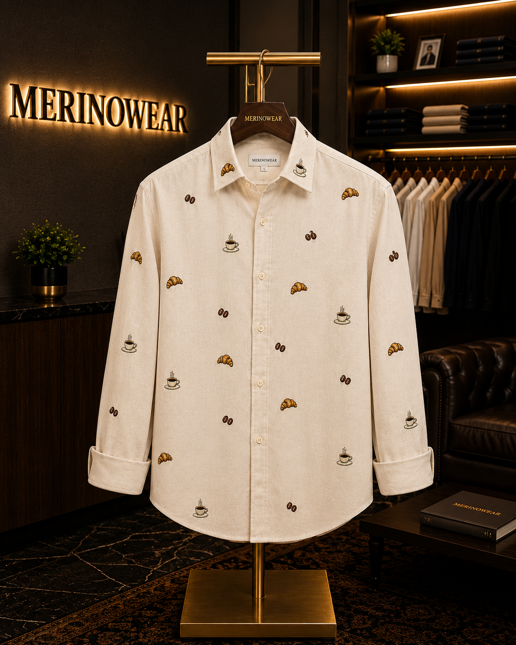 Men's Ivory Coffee & Croissant Motif Shirt